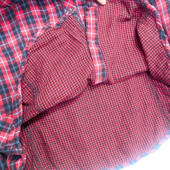 Red Multi Color Long Sleeve Button Up Pearl Snap Flannel Shirt Large - Picture 7 of 14